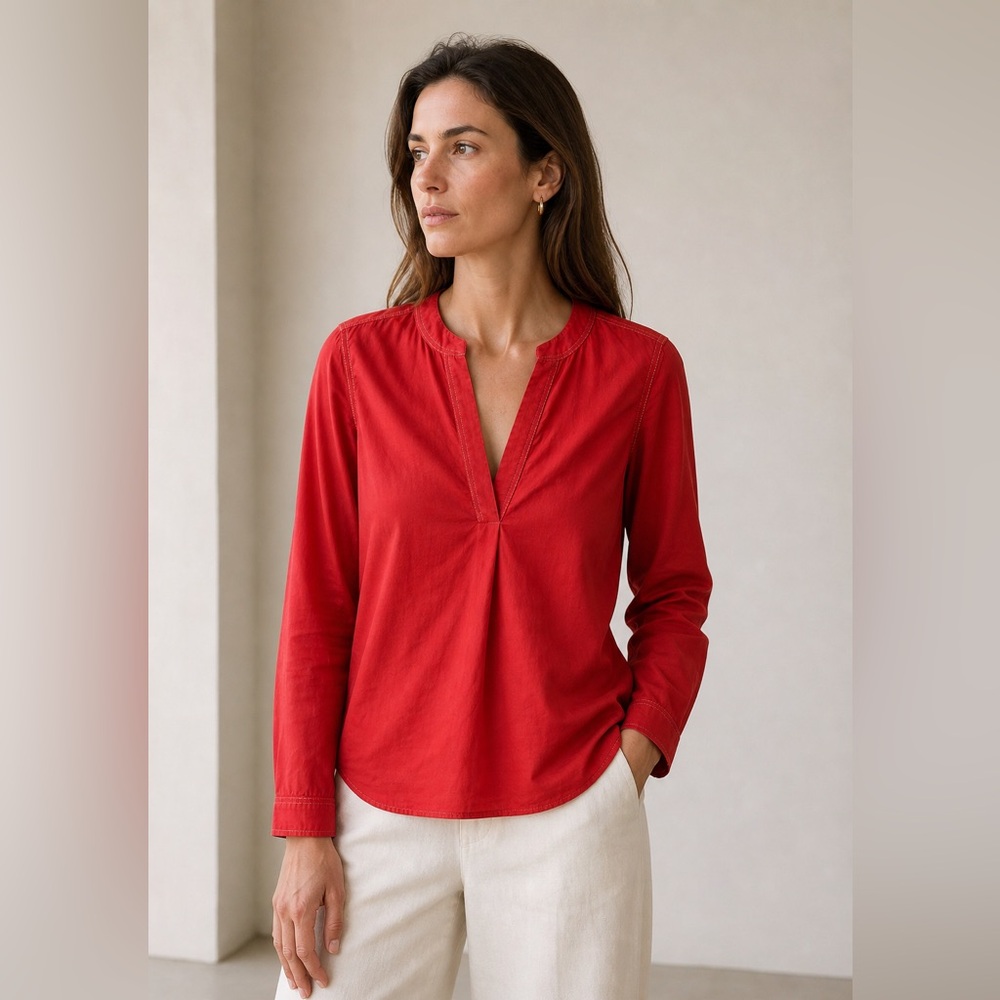 Billy Reid Red Cotton Blouse Small Lightweight V-Neck Made in Italy